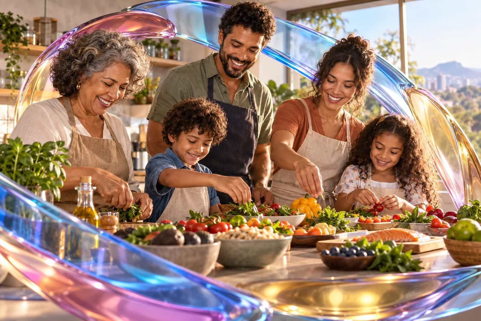 Família preparando uma refeição variada com ilustração de prismas em vidro