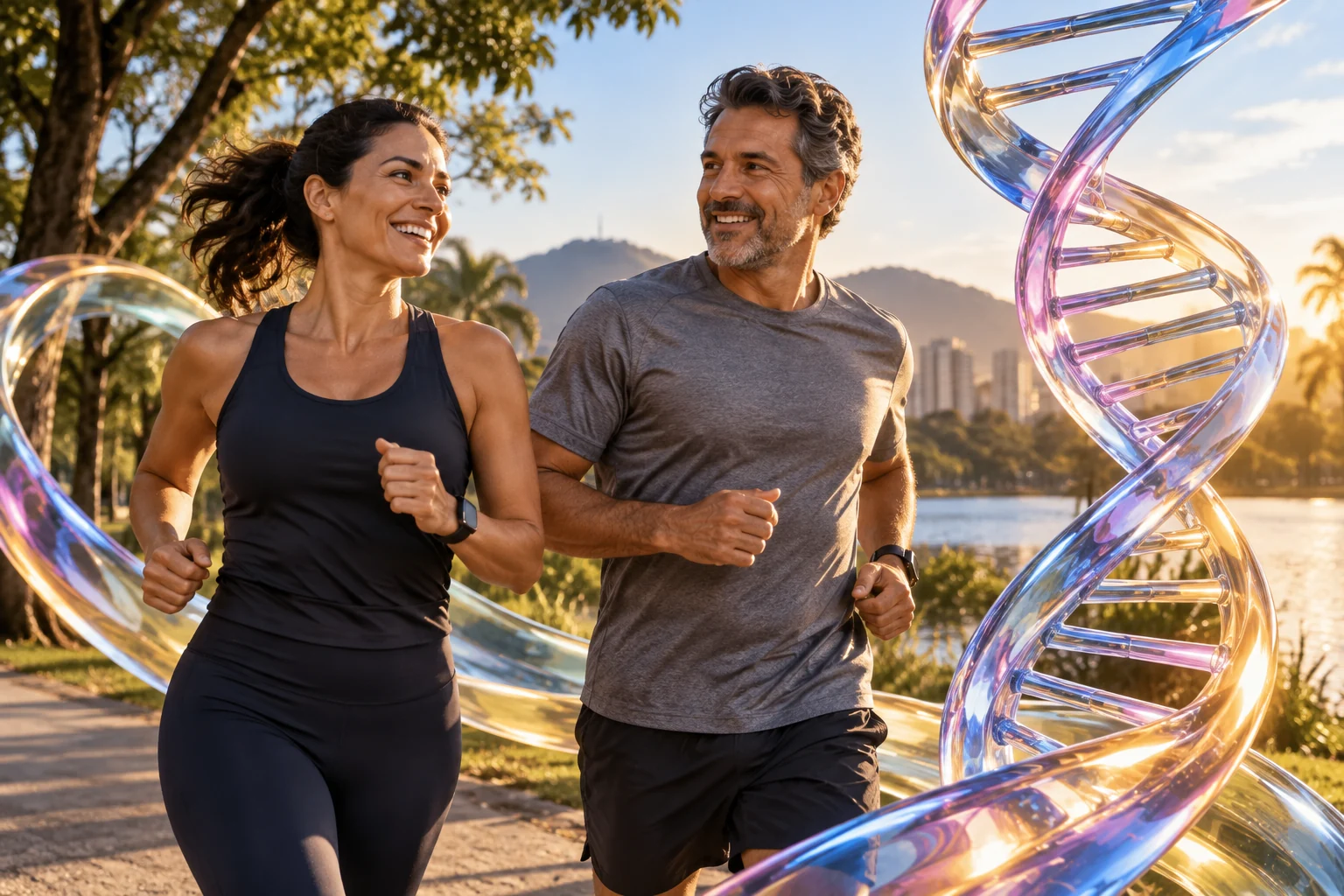 Adultos correndo no parque com ilustração de DNA em liquid glass