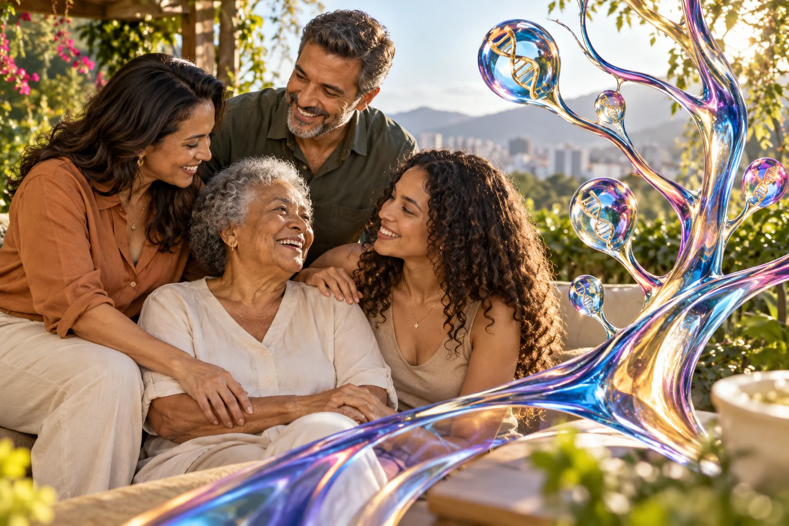 Família de diferentes gerações e ilustração de ramificações em vidro